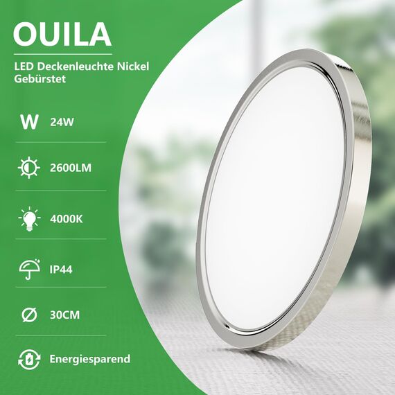OUILA Unterputz LED Deckenleuchte Flach Rund - Ø30CM Deckenlampe Gebürstetes Nickel 24W 4000K 2600LM IP44 Wasserdichte Badezimmer lampe, Küchenlampe Neutralweiß für Küche Bad Schlafzimmer Flur Keller