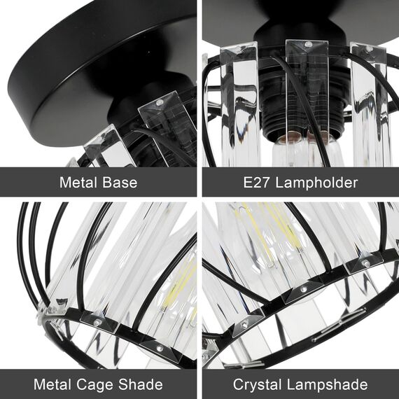 Goeco Deckenleuchte Kristall Schwarz, E27 Moderne Deckenlampe, Vintage Industrie Kronleuchter mit Käfig-förmigen Lampenschirm für Eingang Flur Schlafzimmer Wohnzimmer