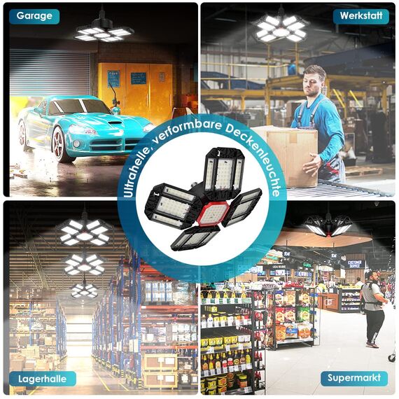 200W LED Garagenleuchte Werkstattlampe Garagenbeleuchtung 2 PCS - 20000LM 6500K Verformbare Deckenlampe mit 12 Verstellbaren Paneelen - E26 / E27 Bay Licht für Keller Geschäft Werkstatt Scheune Lager