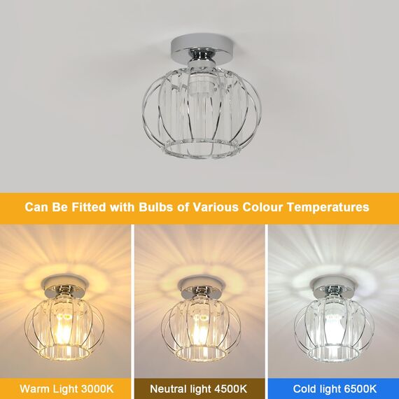 Goeco Deckenleuchte Vintage, Ø 19 cm Chrom Deckenlampe Kristall mit Glaskugel Lampenschirm, E27 Deckenleuchte Vintage Industrie für Eingang Flur Schlafzimmer Wohnzimmer, Glühbirnen nicht enthalten