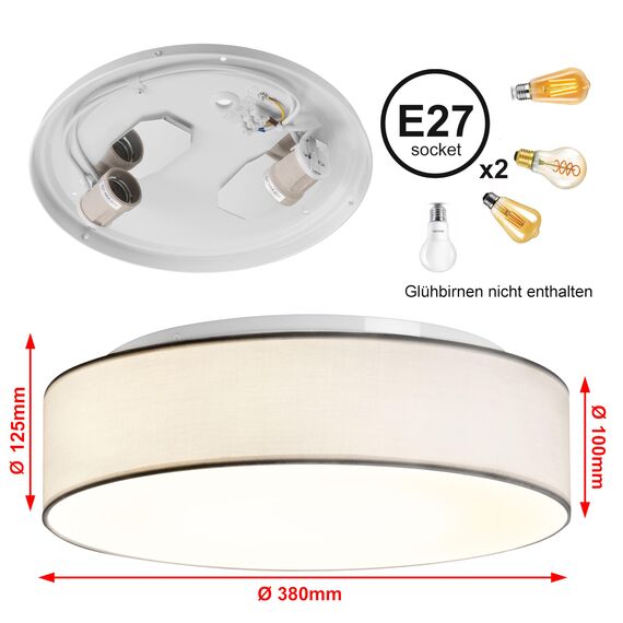 Zedelmaier Deckenlampe Stoff Rund 38cm E27x2 max.40W Deckenleuchte Weiß Stoffschirm Wohnzimmer Schlafzimmer Küche Flur Kinderzimmer Lampe Decke Lampenschirm