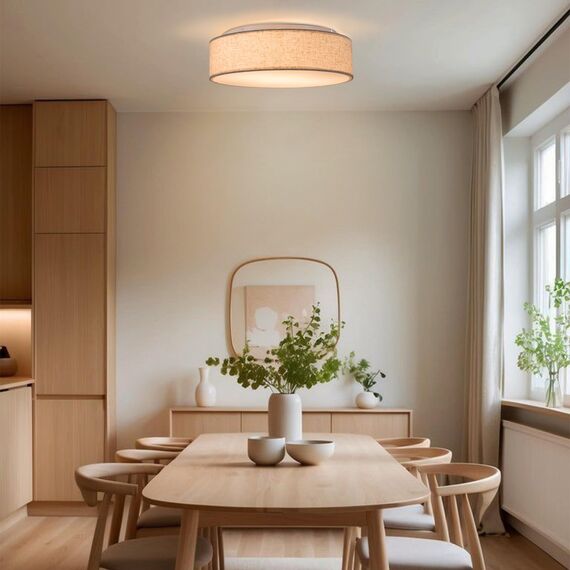 Zedelmaier Deckenlampe Stoff Rund 38cm E27x2 max.40W Deckenleuchte Stoffschirm Wohnzimmer Schlafzimmer Küche Flur Kinderzimmer Lampe Decke Lampenschirm (Leinen-beige, Ø38cm)