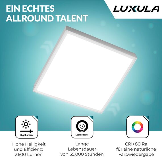 LUXULA LED Deckenleuchte eckig 62cm - 36W, 3000K Warmweiß, 3600lm - LED Panel 62x62cm inkl. 230V Netzteil - Flache Deckenlampe für Wohnzimmer, Schlafzimmer, Küche, Büro - 62x62x6,4cm
