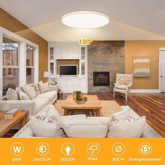 OUILA LED Deckenleuchte Flach Rund - Deckenlampe LED 24W 3000K 2400LM IP44 Wasserdichte Badezimmer lampe, Küchenlampe Deckenleuchte Warmweiß für Küche Bad Schlafzimmer Flur Keller, Durchmesser 30cm