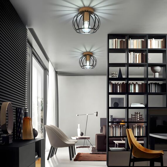 Goeco Deckenleuchte Schwarz, E27 Lampenfassung Industrial Lampenschirm in Form eines Metallkäfigs mit Holzsockel, Deckenlampe Vintage für Flur, Balkon und Speisesaal, Ø 19cm