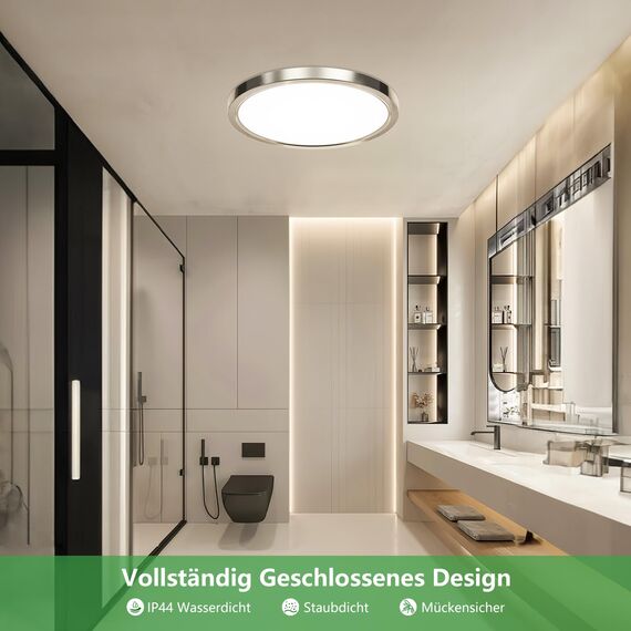 OUILA Unterputz LED Deckenleuchte Flach Rund - Ø30CM Deckenlampe Gebürstetes Nickel 24W 4000K 2600LM IP44 Wasserdichte Badezimmer lampe, Küchenlampe Neutralweiß für Küche Bad Schlafzimmer Flur Keller