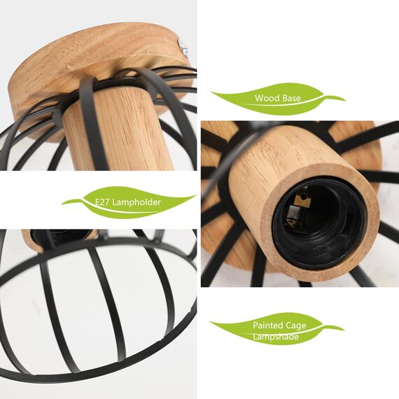 Goeco Deckenleuchte Schwarz, E27 Lampenfassung Industrial Lampenschirm in Form eines Metallkäfigs mit Holzsockel, Deckenlampe Vintage für Flur, Balkon und Speisesaal, Ø 19cm