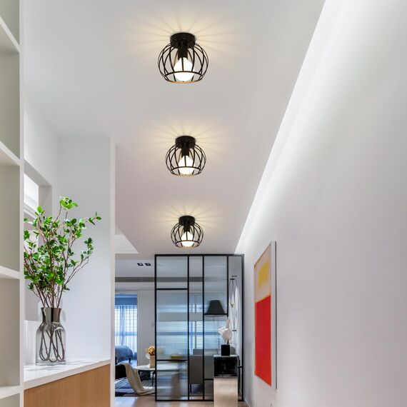 Goeco Deckenleuchte Vintage, Industrial Pendelleuchte Metall in Käfigform, Retro Deckenlampe E27 Hängelampe Lampenschirm für Korridor, Balkon und Speisesaal, Ø 20cm, Schwarz