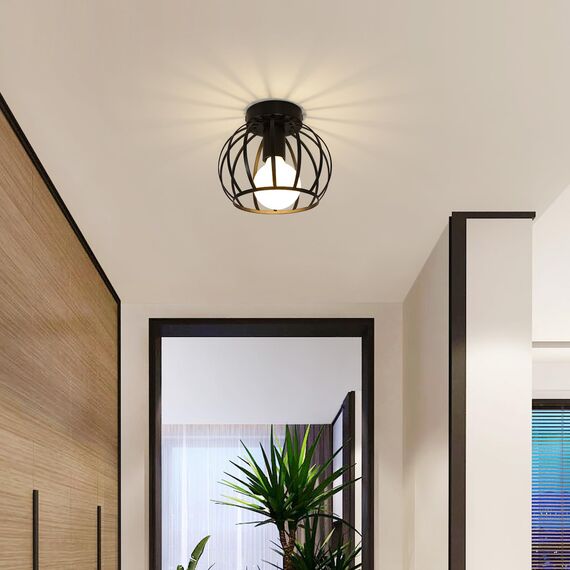 Goeco Deckenleuchte Vintage, Industrial Pendelleuchte Metall in Käfigform, Retro Deckenlampe E27 Hängelampe Lampenschirm für Korridor, Balkon und Speisesaal, Ø 20cm, Schwarz