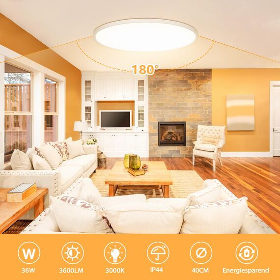 OUILA LED Deckenleuchte Flach Rund - Ø40CM Deckenlampe LED 36W 3000K 3600LM IP44 Wasserdichte Badezimmer lampe, Küchenlampe Deckenleuchte Warmweiß für Küche Bad Schlafzimmer Flur Keller