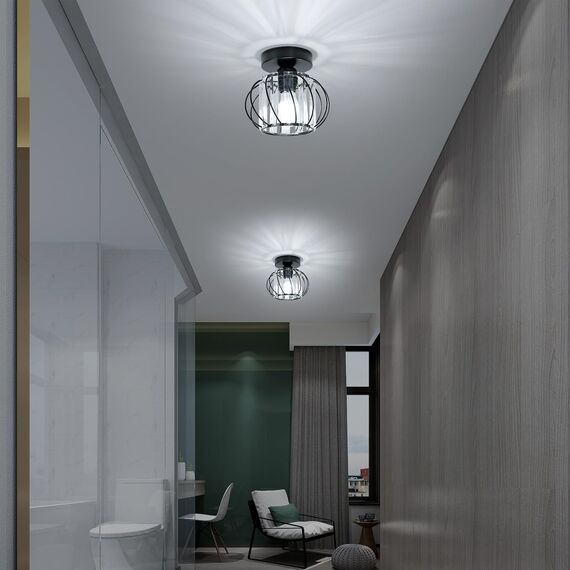 Goeco Deckenleuchte Kristall Schwarz, E27 Moderne Deckenlampe, Vintage Industrie Kronleuchter mit Käfig-förmigen Lampenschirm für Eingang Flur Schlafzimmer Wohnzimmer