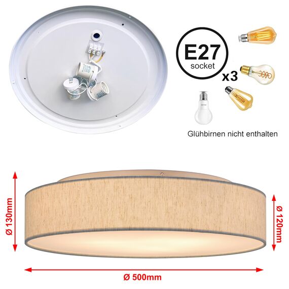 Zedelmaier Deckenlampe Stoff E27 max.40W Deckenleuchte mit Stoff-Lampenschirm Wohnzimmerlampe Schlafzimmer Kinderzimmer Flur Lampe Decke Lampenschirm (Leinen hellbeige, Ø50cm)