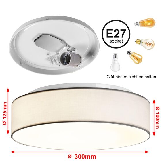 Zedelmaier Deckenlampe Stoff Rund E27x1 max.40W Deckenleuchte mit Stoff-Lampenschirm Wohnzimmer Schlafzimmer Kinderzimmer Flur Lampe Decke (Weiß,Ø30x12,5cm)