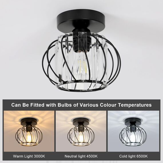 Goeco Deckenleuchte Kristall Schwarz, E27 Moderne Deckenlampe, Vintage Industrie Kronleuchter mit Käfig-förmigen Lampenschirm für Eingang Flur Schlafzimmer Wohnzimmer