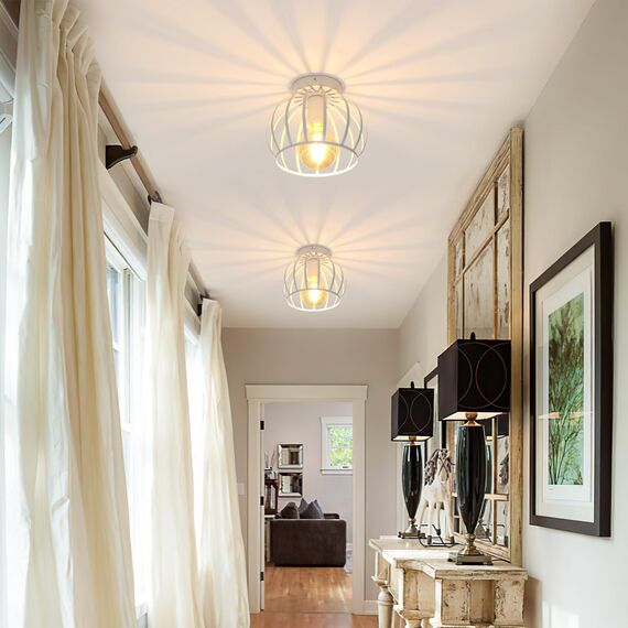 Goeco Deckenleuchte Weiß, E27 Lampenfassung Industrial Deckenlampe Lampenschirm in Form eines Metallkäfigs, Pendelleuchte innen Vintage für Flur, Balkon, Ø 19cm(Glühbirnen nicht inbegriffen)