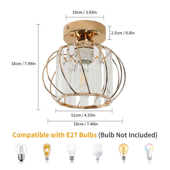 Goeco Gold Deckenleuchte Kristall, E27 Moderne Deckenlampe mit Käfig-förmigen Lampenschirm, Vintage Industrie Kronleuchter für Eingang Flur Schlafzimmer Wohnzimmer, Glühbirnen nicht enthalten