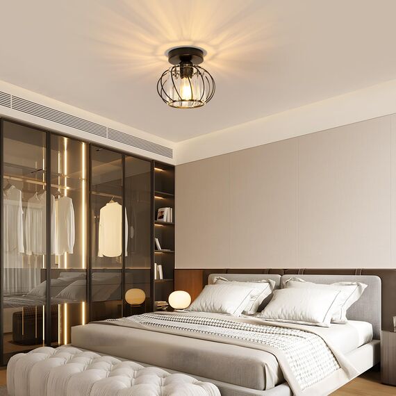 Goeco Deckenleuchte Kristall Schwarz, E27 Moderne Deckenlampe, Vintage Industrie Kronleuchter mit Käfig-förmigen Lampenschirm für Eingang Flur Schlafzimmer Wohnzimmer