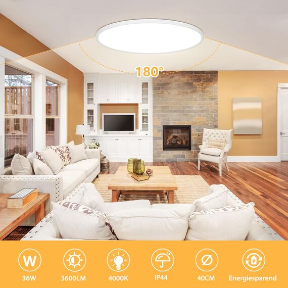 OUILA LED Deckenleuchte Flach Rund - Ø40CM Deckenlampe LED 36W 4000K 3600LM IP44 Wasserdichte Badezimmer lampe, Küchenlampe Deckenleuchte Neutralweiß für Küche Bad Schlafzimmer Flur Keller