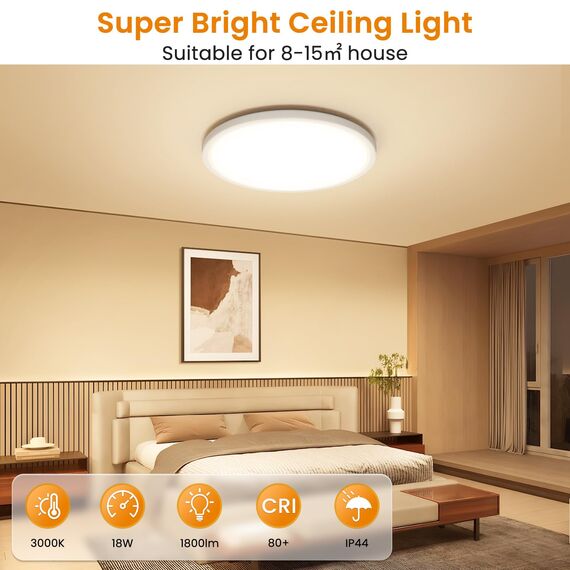 NIBSHOOM Deckenlampe LED Deckenleuchte Rund Flach 3000K,24W/2400LM/IP44 Wasserfest Ultradünn Badezimmer Lampe Decke, Modern Schlicht deckenlampen für Schlafzimmer Wohnzimmer Flur Küche Büro,300*17mm