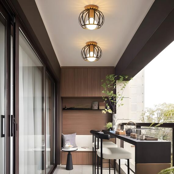 Goeco Deckenleuchte Schwarz, E27 Lampenfassung Industrial Lampenschirm in Form eines Metallkäfigs mit Holzsockel, Deckenlampe Vintage für Flur, Balkon und Speisesaal, Ø 19cm