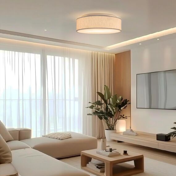 Zedelmaier Deckenlampe Stoff E27 max.40W Deckenleuchte mit Stoff-Lampenschirm Wohnzimmerlampe Schlafzimmer Kinderzimmer Flur Lampe Decke Lampenschirm (Leinen hellbeige, Ø50cm)