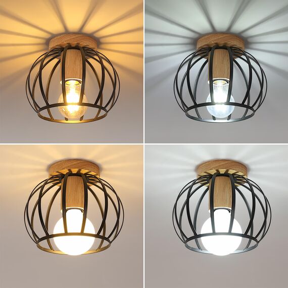Goeco Deckenleuchte Schwarz, E27 Lampenfassung Industrial Lampenschirm in Form eines Metallkäfigs mit Holzsockel, Deckenlampe Vintage für Flur, Balkon und Speisesaal, Ø 19cm