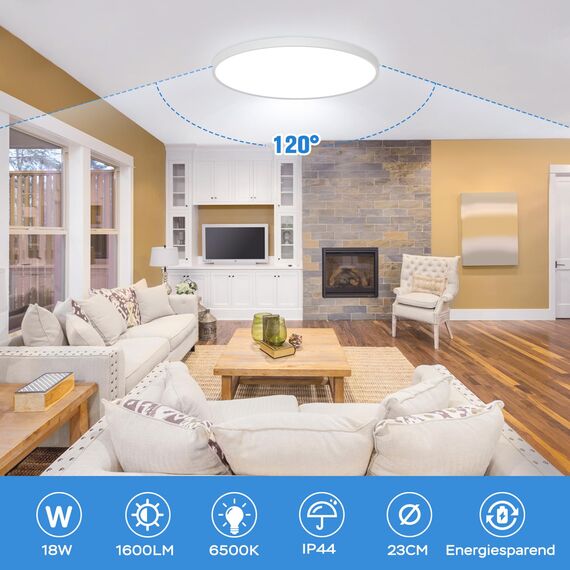 OUILA LED Deckenleuchte Flach Rund - Deckenlampe LED 18W 1600LM 6500K Kaltweiß IP44 Wasserdicht Badezimmer lampe, badlampe decke für Bad Küche Flur Schlafzimmer Keller, Durchmesser 22cm