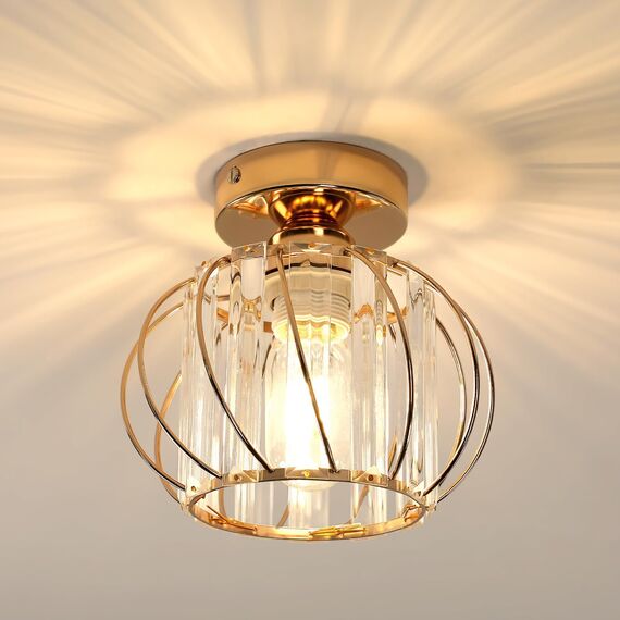 Goeco Gold Deckenleuchte Kristall, E27 Moderne Deckenlampe mit Käfig-förmigen Lampenschirm, Vintage Industrie Kronleuchter für Eingang Flur Schlafzimmer Wohnzimmer, Glühbirnen nicht enthalten
