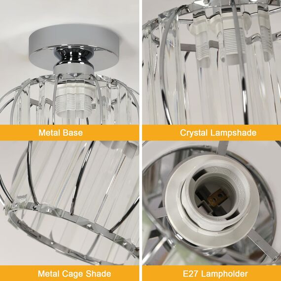 Goeco Deckenleuchte Vintage, Ø 19 cm Chrom Deckenlampe Kristall mit Glaskugel Lampenschirm, E27 Deckenleuchte Vintage Industrie für Eingang Flur Schlafzimmer Wohnzimmer, Glühbirnen nicht enthalten