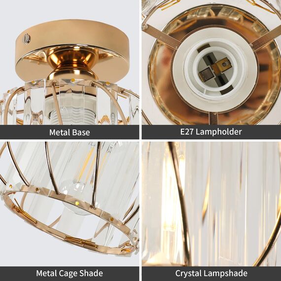 Goeco Gold Deckenleuchte Kristall, E27 Moderne Deckenlampe mit Käfig-förmigen Lampenschirm, Vintage Industrie Kronleuchter für Eingang Flur Schlafzimmer Wohnzimmer, Glühbirnen nicht enthalten