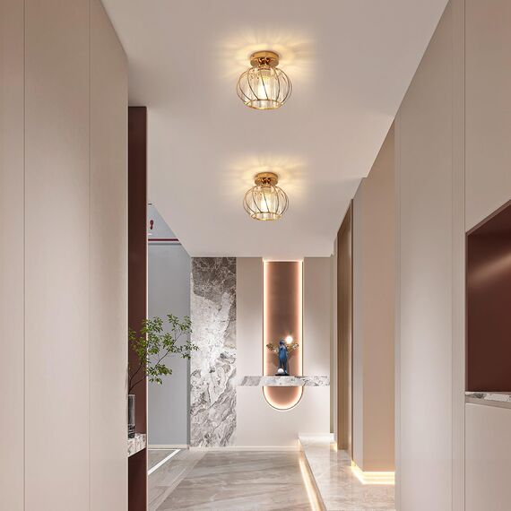 Goeco Gold Deckenleuchte Kristall, E27 Moderne Deckenlampe mit Käfig-förmigen Lampenschirm, Vintage Industrie Kronleuchter für Eingang Flur Schlafzimmer Wohnzimmer, Glühbirnen nicht enthalten