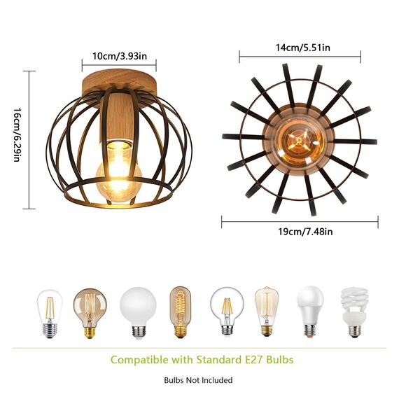 Goeco Deckenleuchte Schwarz, E27 Lampenfassung Industrial Lampenschirm in Form eines Metallkäfigs mit Holzsockel, Deckenlampe Vintage für Flur, Balkon und Speisesaal, Ø 19cm