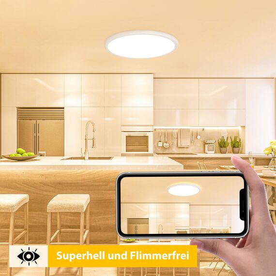 OUILA LED Deckenleuchte Flach Rund - Ø22CM Deckenlampe LED 18W 1600LM 3000K Warmweiß IP44 Wasserdicht Badezimmer Lampe, Badlampe Decke für Bad Küche Flur Schlafzimmer Keller