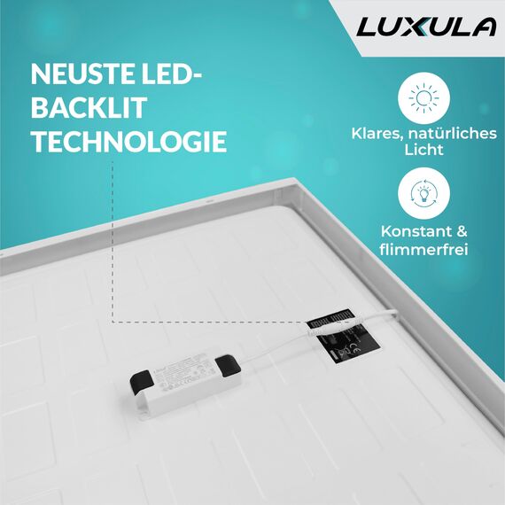 LUXULA LED Deckenleuchte eckig 62cm - 36W, 6000K Kaltweiß, 3600lm - LED Panel 62x62cm inkl. 230V Netzteil - Flache Deckenlampe für Wohnzimmer, Schlafzimmer, Küche, Büro - 62x62x6,4cm