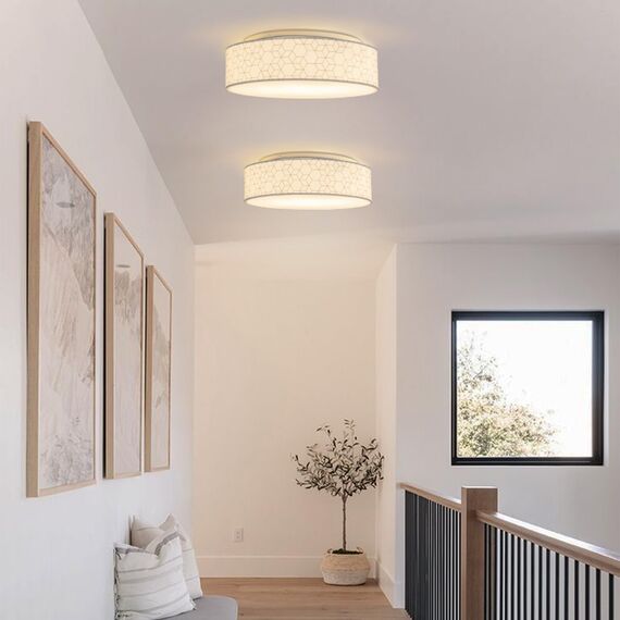 Zedelmaier Deckenlampe Stoff Rund 50cm E27x3 max.40W Deckenleuchte Stoffschirm Wohnzimmer Schlafzimmer Küche Flur Kinderzimmer Lampe Decke Lampenschirm (Weiße Würfel,Ø50x13cm)