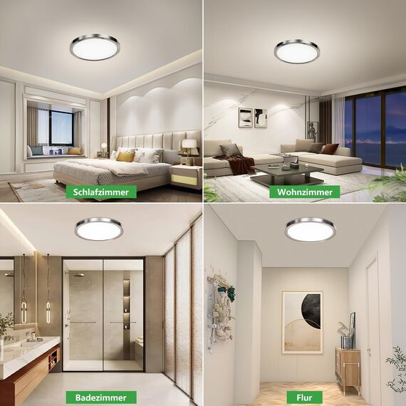 OUILA Unterputz LED Deckenleuchte Flach Rund - Ø30CM Deckenlampe Gebürstetes Nickel 24W 4000K 2600LM IP44 Wasserdichte Badezimmer lampe, Küchenlampe Neutralweiß für Küche Bad Schlafzimmer Flur Keller