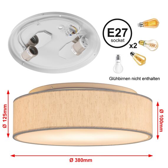 Zedelmaier Deckenlampe Stoff E27 max.40W Deckenleuchte mit Stoff-Lampenschirm Wohnzimmerlampe Schlafzimmer Kinderzimmer Flur Lampe Decke Lampenschirm (Leinen hellbeige, Ø38cm)