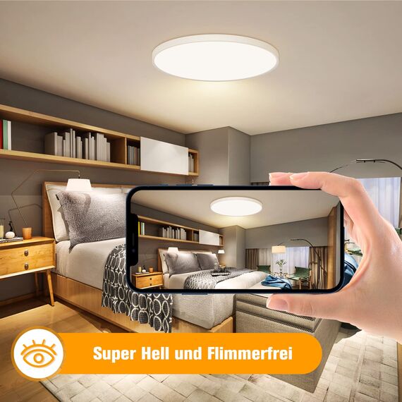 OUILA LED Deckenleuchte Flach Rund - Deckenlampe LED 24W 3000K 2400LM IP44 Wasserdichte Badezimmer lampe, Küchenlampe Deckenleuchte Warmweiß für Küche Bad Schlafzimmer Flur Keller, Durchmesser 30cm