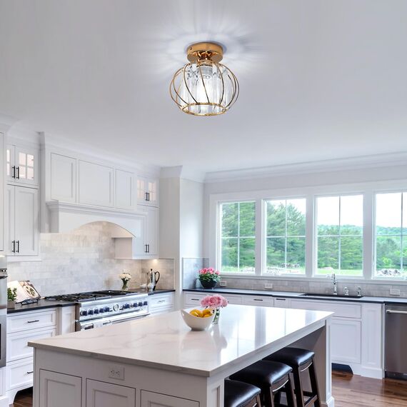 Goeco Gold Deckenleuchte Kristall, E27 Moderne Deckenlampe mit Käfig-förmigen Lampenschirm, Vintage Industrie Kronleuchter für Eingang Flur Schlafzimmer Wohnzimmer, Glühbirnen nicht enthalten