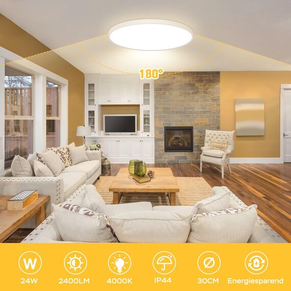 OUILA Deckenlampe LED Deckenleuchte Flach Rund - Ø30CM LED Deckenleuchte 24W 4000K 2400LM IP44 Wasserdicht Neutralweiß Badezimmer lampe, Badlampe Decke für Wohnzimmer Schlafzimmer Küche Bad Flur