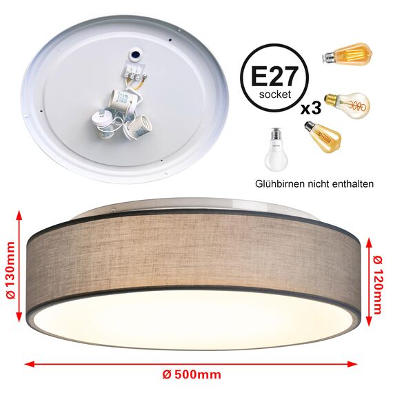 Zedelmaier Deckenlampe Stoff Rund 50cm E27x3 max.40W Deckenleuchte Grau Stoffschirm Wohnzimmer Schlafzimmer Küche Flur Kinderzimmer Lampe Decke Lampenschirm