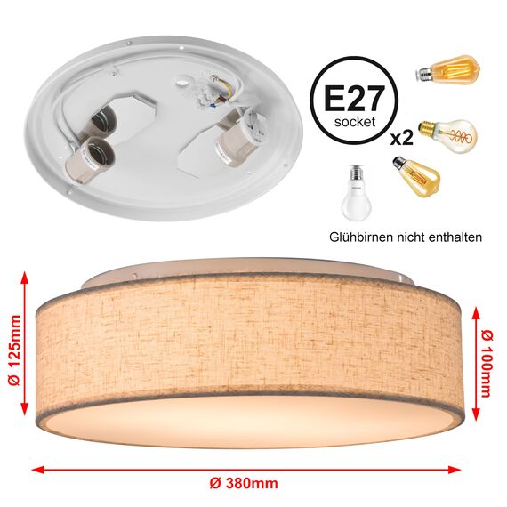 Zedelmaier Deckenlampe Stoff Rund 38cm E27x2 max.40W Deckenleuchte Stoffschirm Wohnzimmer Schlafzimmer Küche Flur Kinderzimmer Lampe Decke Lampenschirm (Leinen-beige, Ø38cm)