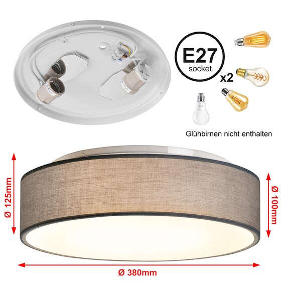Zedelmaier Deckenlampe Stoff Rund 38cm E27x2 max.40W Deckenleuchte Grau Stoffschirm Wohnzimmer Schlafzimmer Küche Flur Kinderzimmer Lampe Decke Lampenschirm