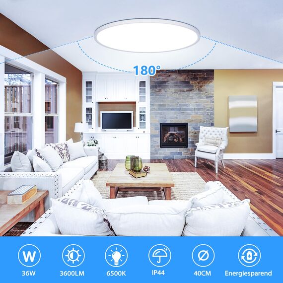 OUILA LED Deckenleuchte Flach Rund - Ø40CM Deckenlampe LED 36W 6500K 3600LM IP44 Wasserdichte Badezimmer lampe, Küchenlampe Deckenleuchte Kaltweiß für Küche Bad Schlafzimmer Flur Keller