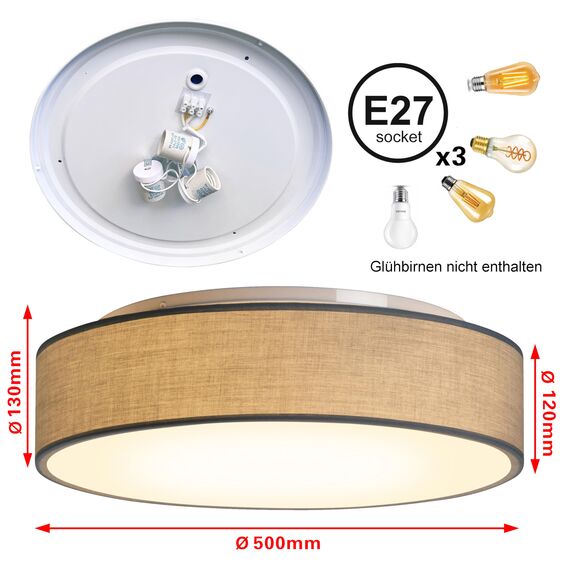 Zedelmaier Deckenlampe Stoff Rund 50cm E27x3 max.40W Deckenleuchte Taupe Stoffschirm Wohnzimmer Schlafzimmer Küche Flur Kinderzimmer Lampe Decke Lampenschirm