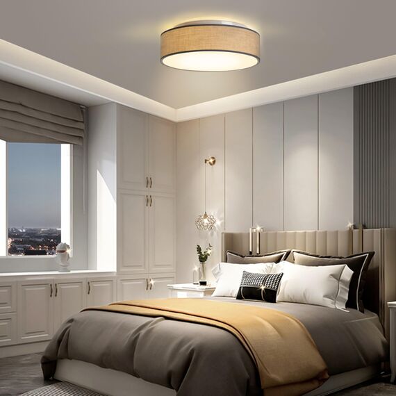 Zedelmaier Deckenlampe Stoff Rund E27x1 max.40W Deckenleuchte mit Stoff-LampenschirmWohnzimmer Schlafzimmer Kinderzimmer Flur Lampe Decke (Taupe,Ø30x12,5cm)