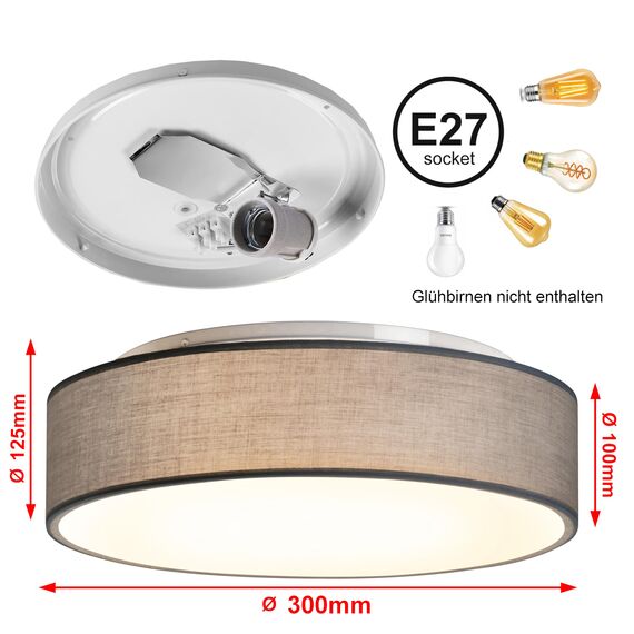 Zedelmaier Deckenlampe Stoff Rund E27x1 max.40W Deckenleuchte mit Stoff-Lampenschirm Wohnzimmer Schlafzimmer Kinderzimmer Flur Lampe Decke (Grau,Ø30x12,5cm)