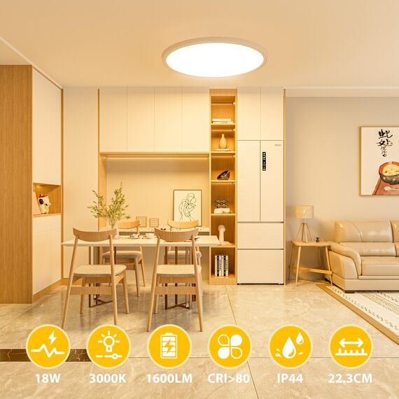 OUILA LED Deckenleuchte Flach Rund - Ø22CM Deckenlampe LED 18W 1600LM 3000K Warmweiß IP44 Wasserdicht Badezimmer Lampe, Badlampe Decke für Bad Küche Flur Schlafzimmer Keller