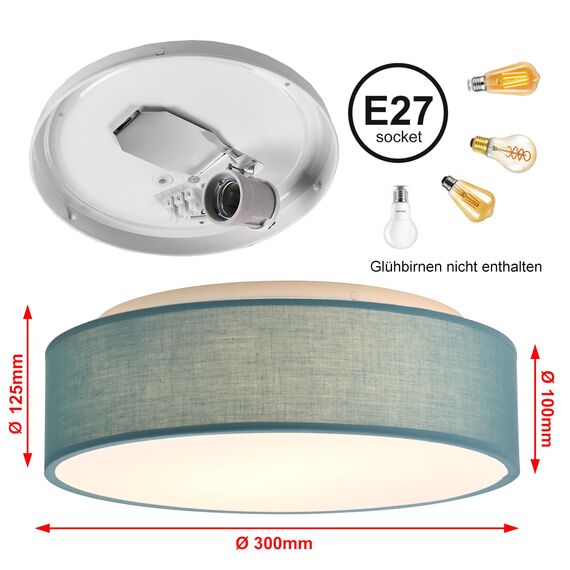 Zedelmaier Deckenlampe Stoff Rund E27x1 max.40W Deckenleuchte mit Stoff-LampenschirmWohnzimmer Schlafzimmer Kinderzimmer Flur Lampe Decke (Türkis,Ø30x12,5cm)