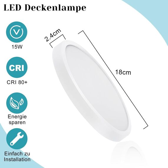 ZMH 3ER Deckenlampe LED Deckenleuchte Küche - Badezimmerlampe Flach 15W Küchenlampe Rund Flurlampe Kaltweiß Badezimmer Ø18cm Badlampe Decke Schlafzimmerlampe für Flur Bad Schlafzimmer